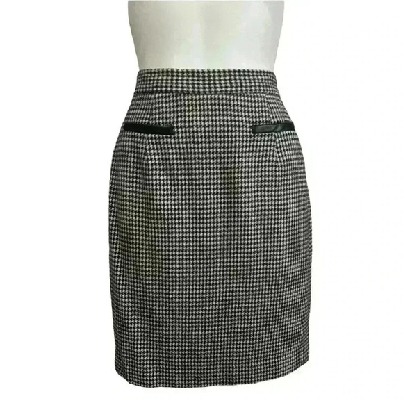 Vintage NEW FRONTIER houndstooth pencil mini skirt wool w/leather trim women’s 4 - Picture 1 of 12